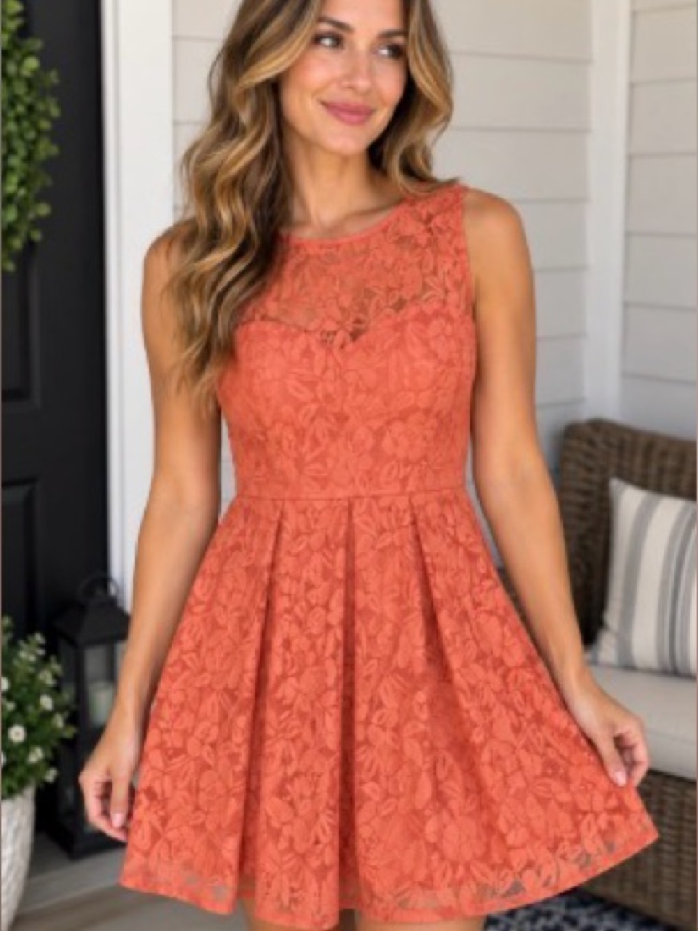 London Times Sleeveless Lace Mini Dress in Rust Orange